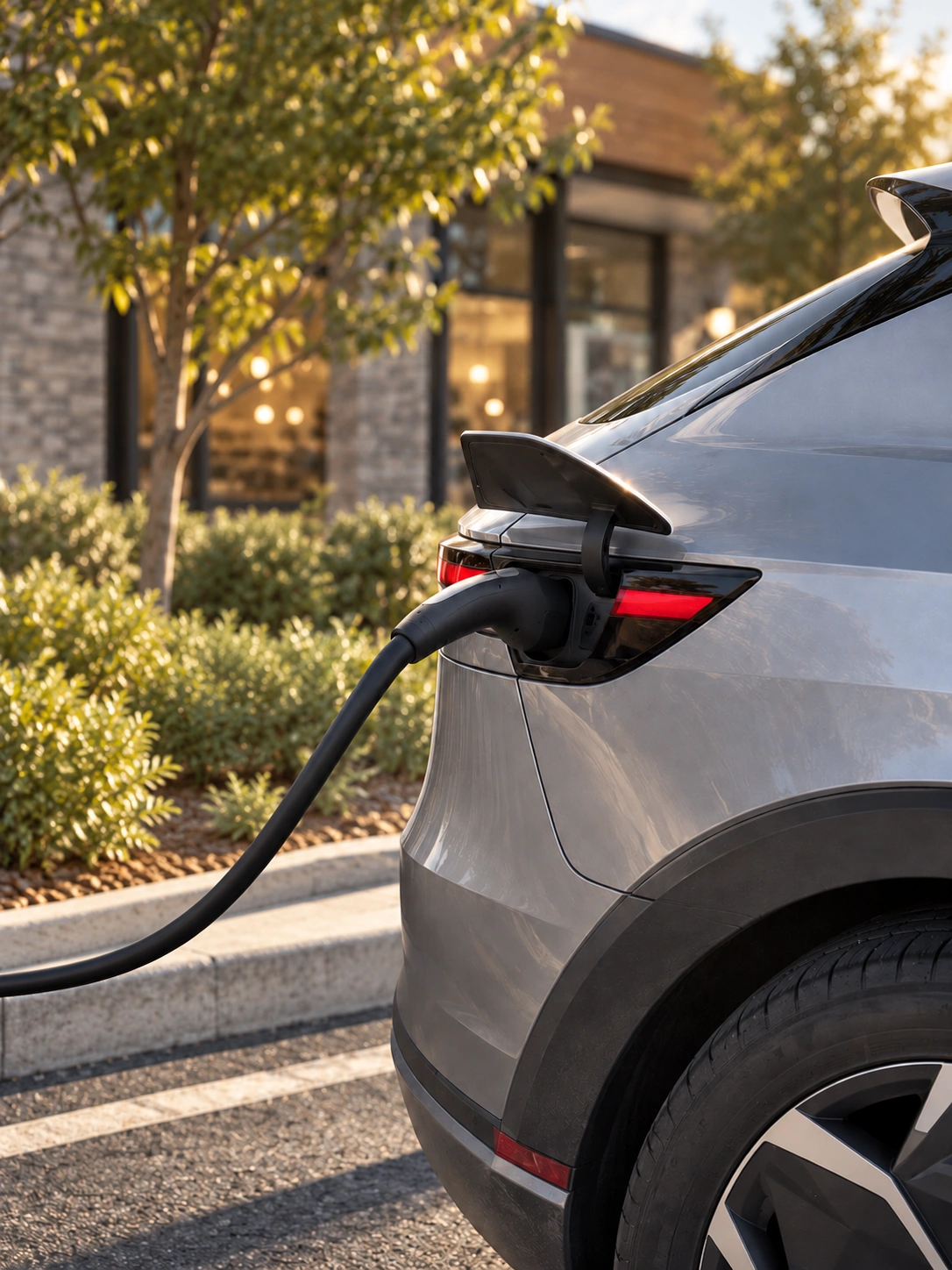 An electric vehicle plugged in to charge beside a retail destination