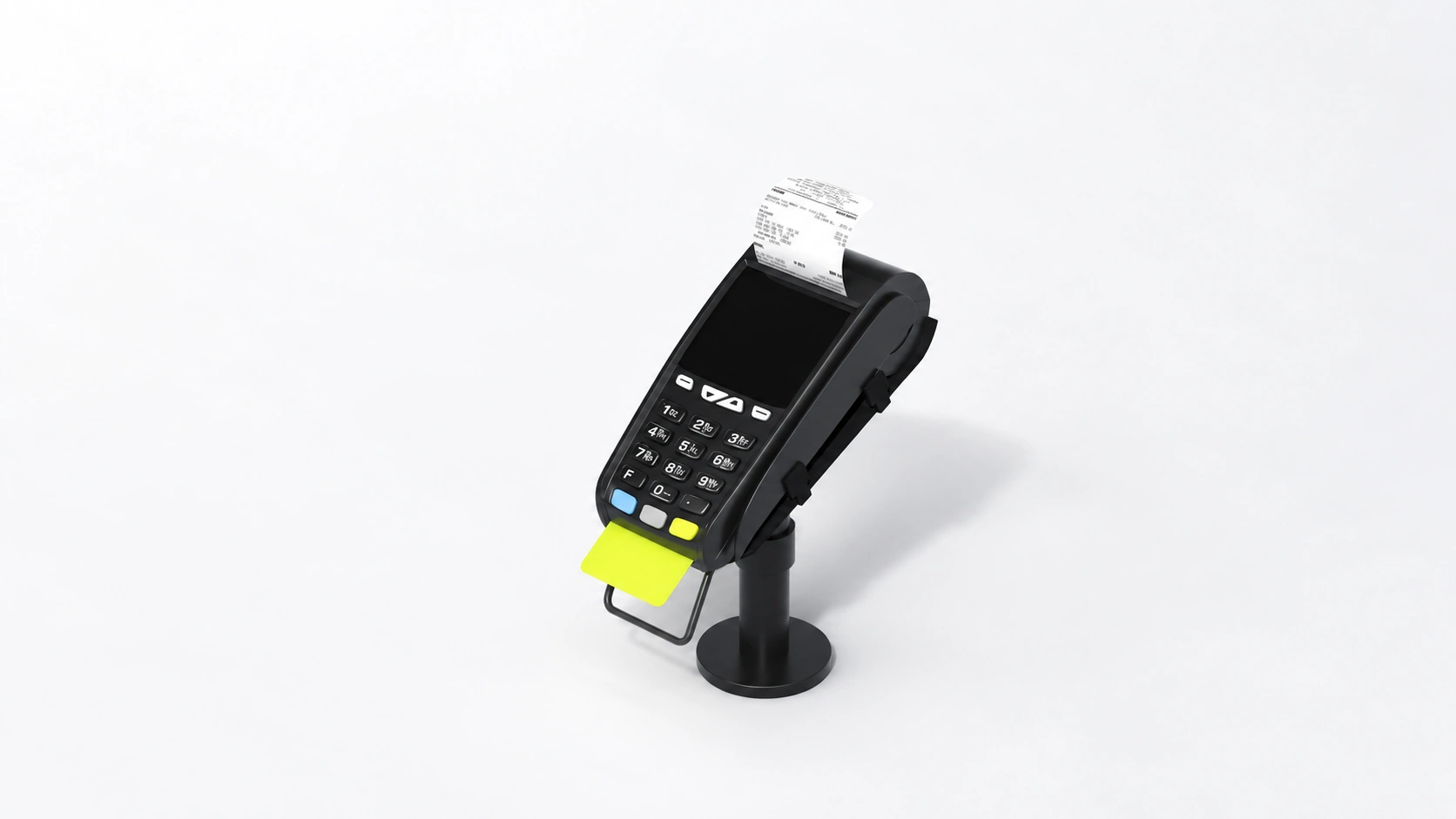 Payment terminal with a Zap Yellow card inserted and a printed receipt