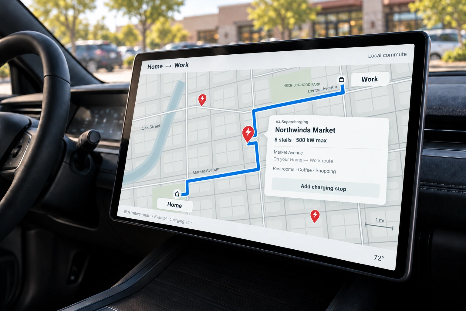 Illustrative in-car Home to Work route with a red charging pin and Northwinds Market charging-stop details