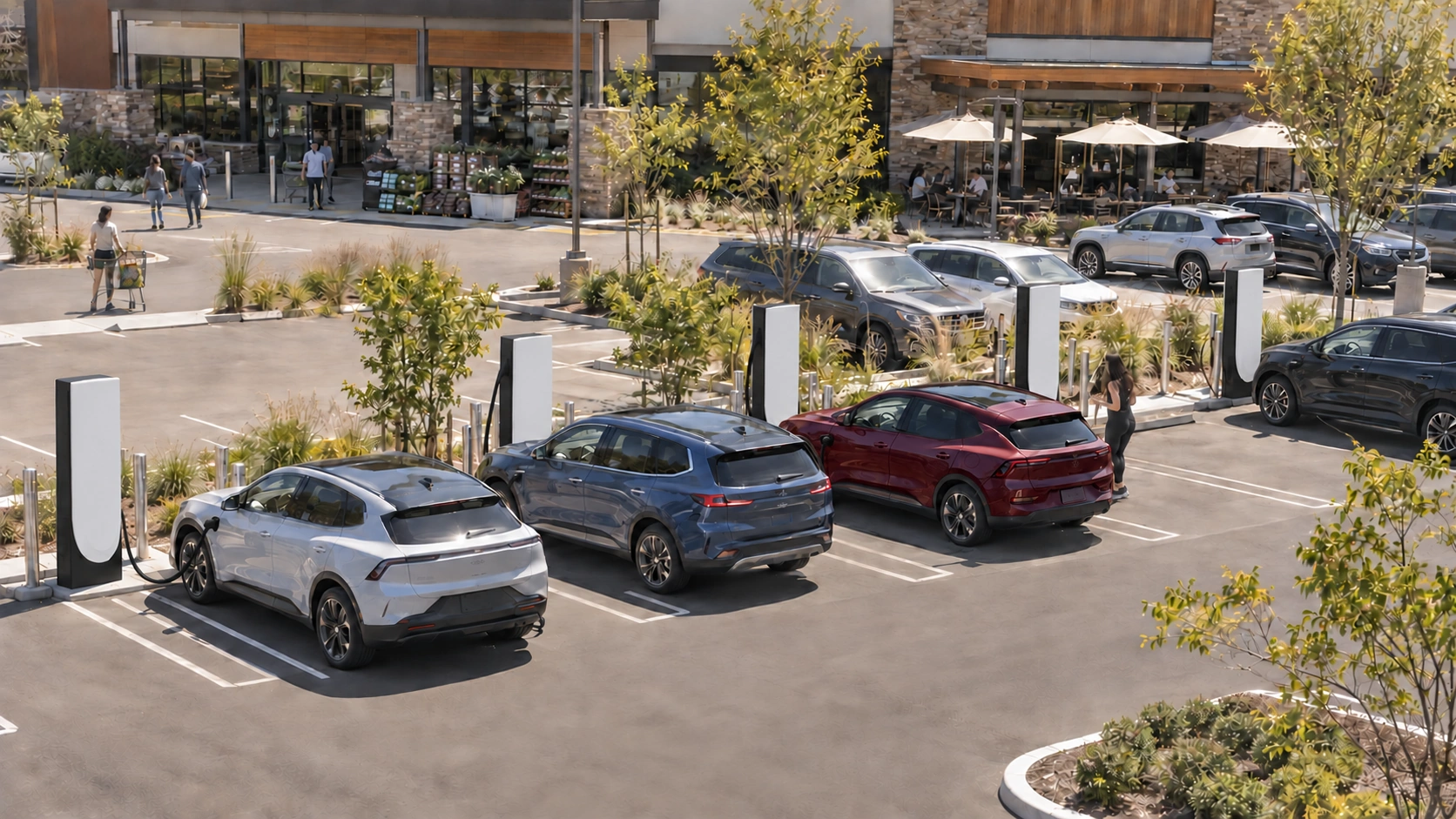 Tesla V4 charging stalls at a retail center, with customers shopping and visiting nearby businesses