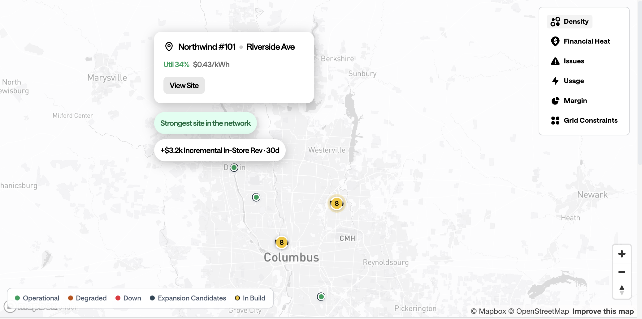 Illustrative Northwind Riverside Avenue site map: 34 percent utilization, strongest site in the network, and incremental in-store revenue.
